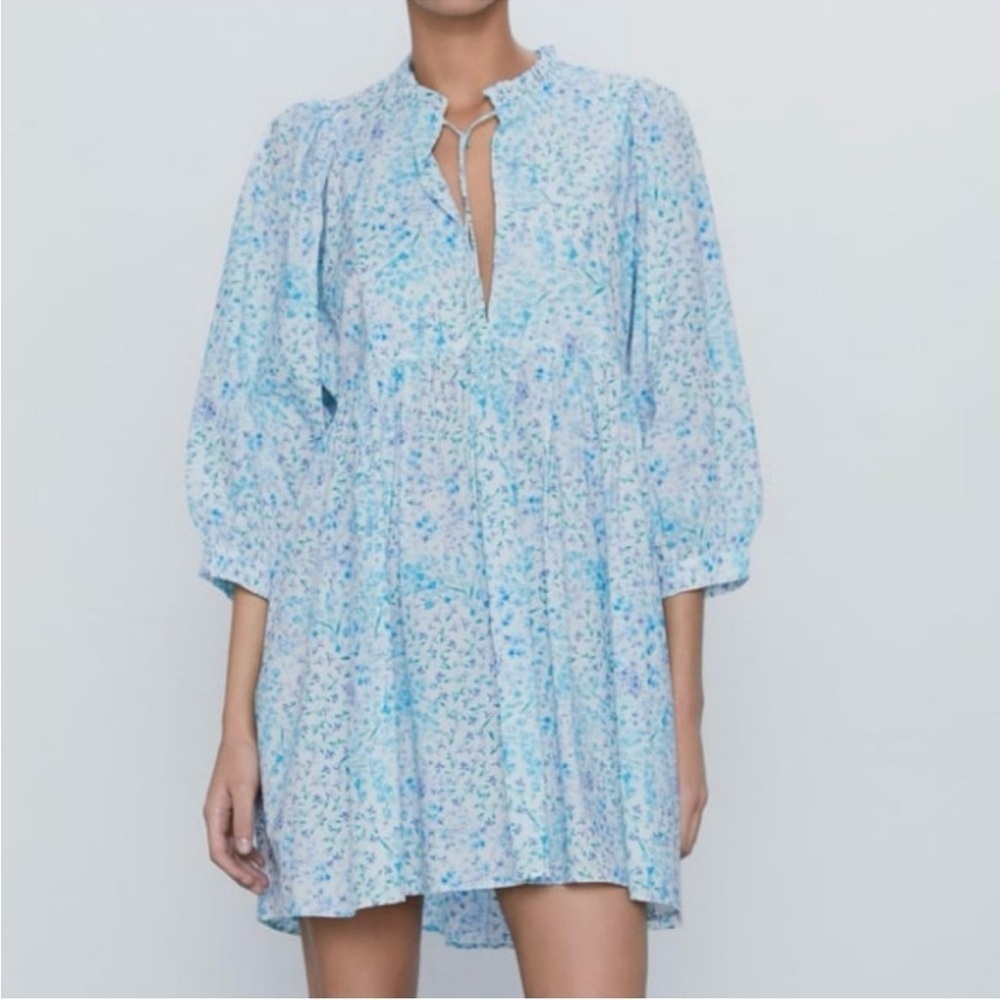 Zara Blue and White Ruffled Mini Sundress